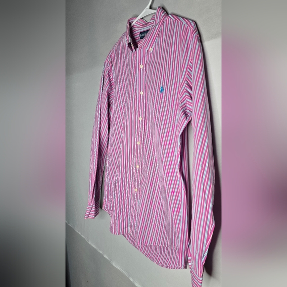 Ralph Lauren Mens L Custom Fit Striped Button Down Shirt Pink/Blue White - Picture 2 of 4